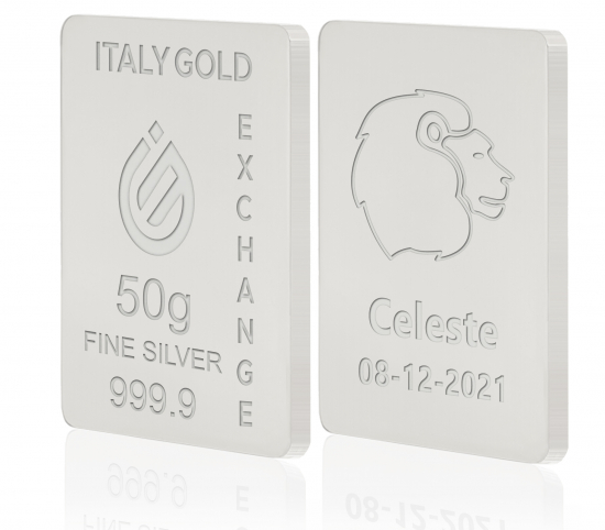 Lingot Argent Pur 50 g. signe du zodiaque Lion Italy Gold Exchange